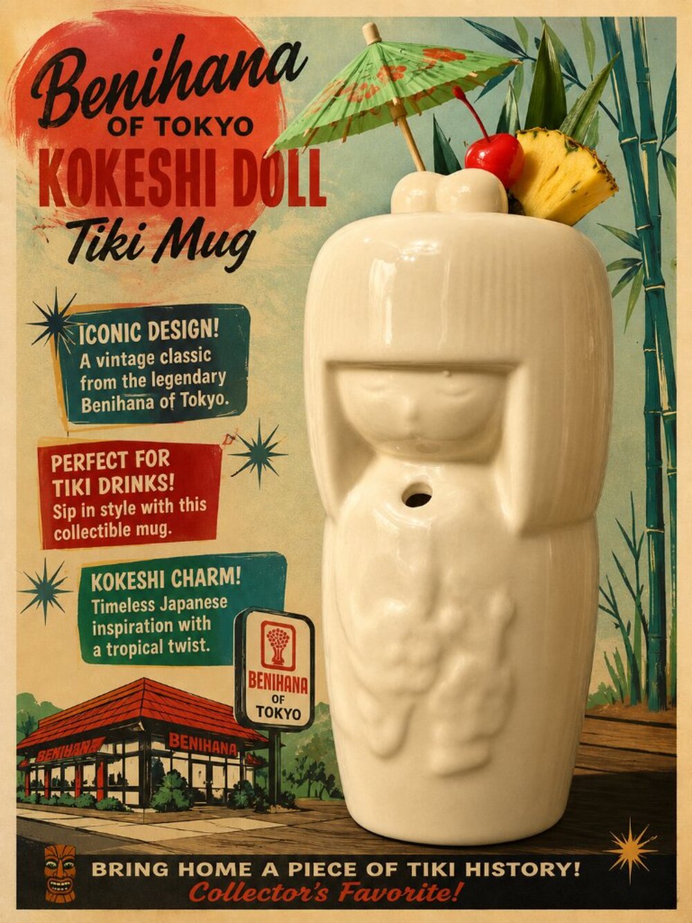 Vintage Benihana of Tokyo White Ceramic Kokeshi Doll Tiki Cocktail Mug Japan